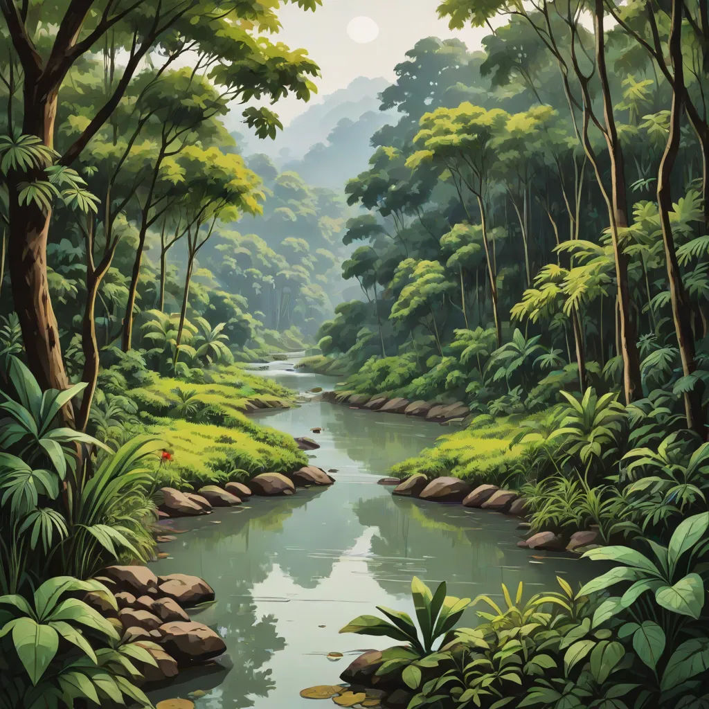 a painting of a river in a tropical forest with rocks and trees on the bank and a full moon in the sky, environmental art, a detailed matte painting, Chris LaBrooy, jungle