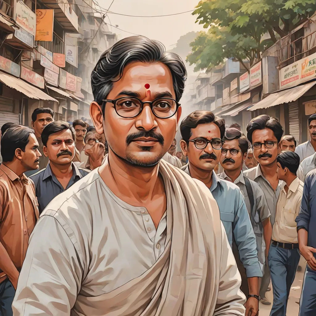 a painting of a man with glasses and a white shirt in front of a crowd of people in india, samikshavad, a character portrait, Bikash Bhattacharjee, official art