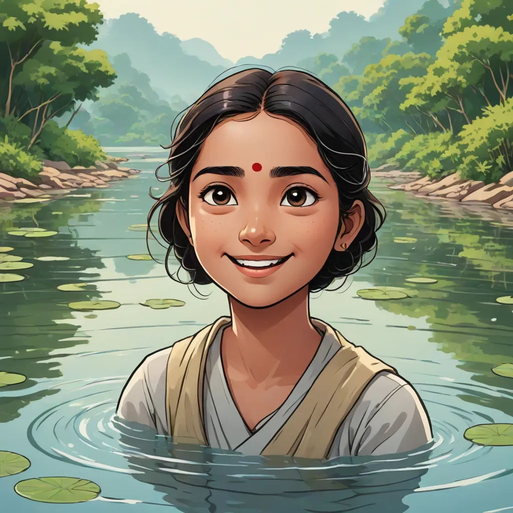 a cartoon of a woman in a river with lily pads on the water and trees in the background, with a smiling face, magical realism, a comic book panel, Ella Guru, graphic novel