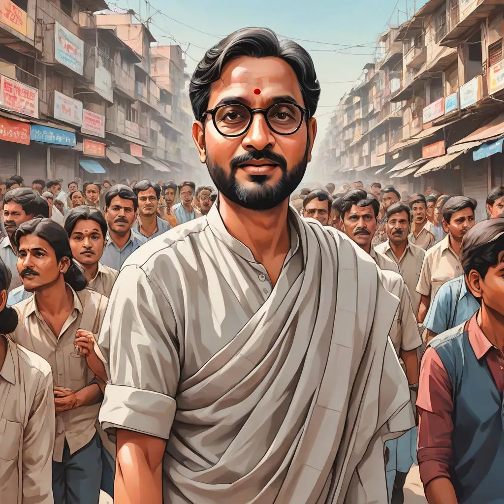 a man with a beard and glasses standing in front of a crowd of people in india, with a man in the middle of the picture, samikshavad, a character portrait, Bikash Bhattacharjee, official art