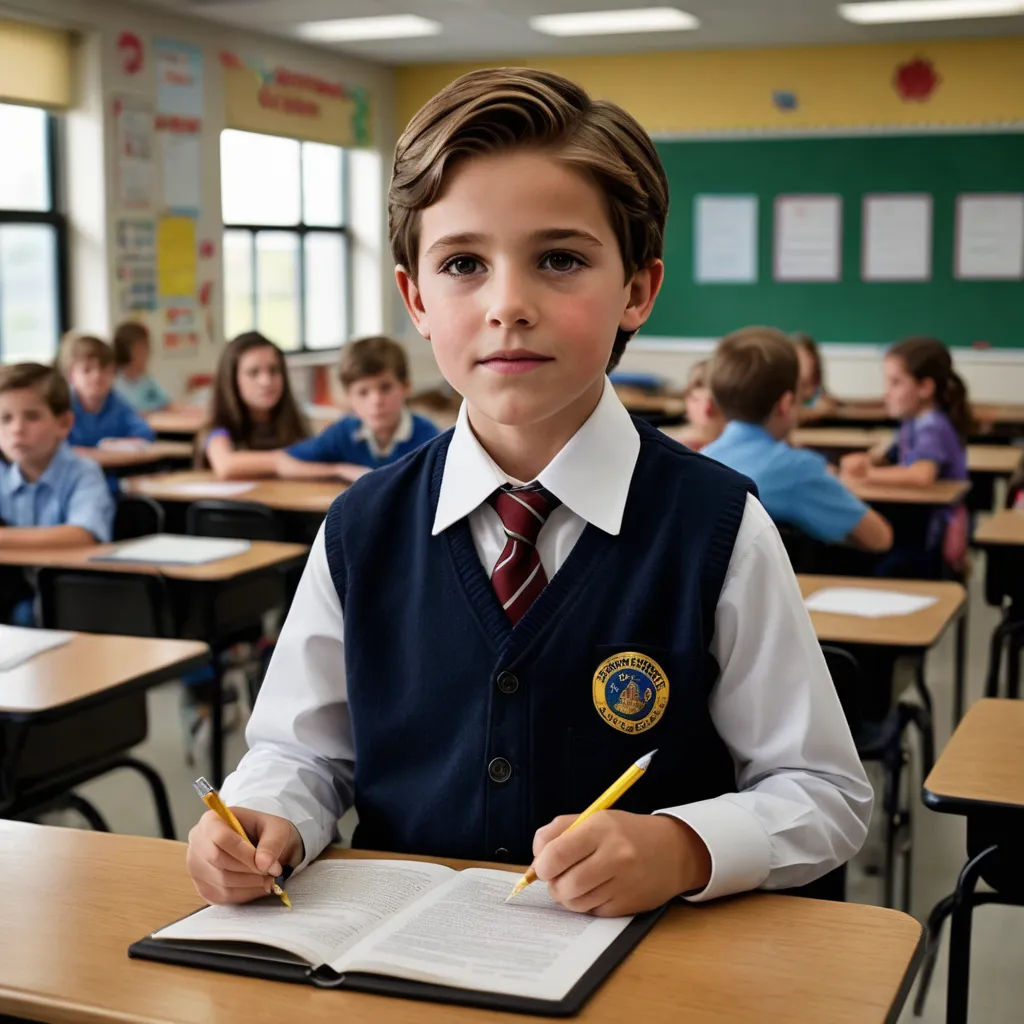 a young boy sitting at a desk with a book and pen in his hand and a book in front of him, vancouver school, a stock photo, Aloysius O'Kelly, promotional image