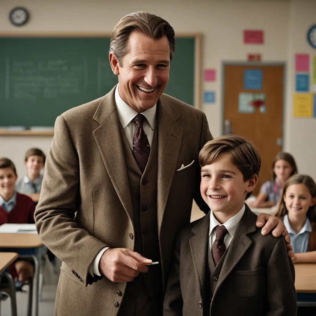 a man in a suit and tie standing next to a boy in a suit and tie in a classroom, heidelberg school, a hologram, Clark Voorhees, promotional image