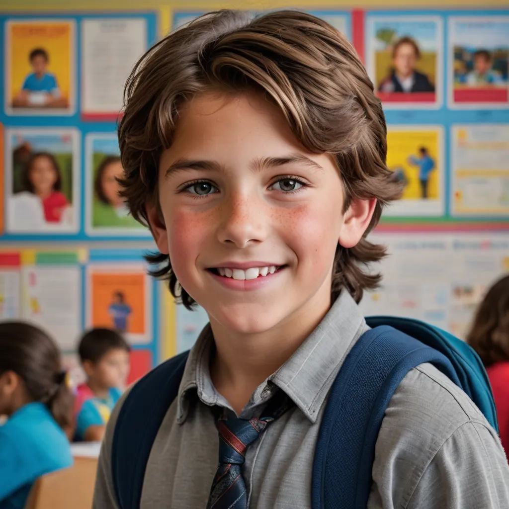 a young boy with a backpack and a backpack on his back smiling at the camera in front of a wall of children's posters, quito school, a stock photo, Anthony Angarola, promotional image