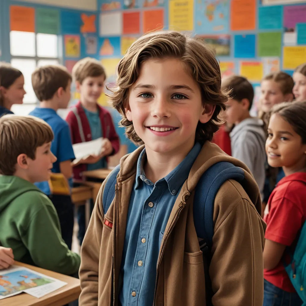 a boy in a school uniform standing in front of a group of children in a classroom with posters on the wall, vancouver school, a stock photo, Ben Stahl, promotional image