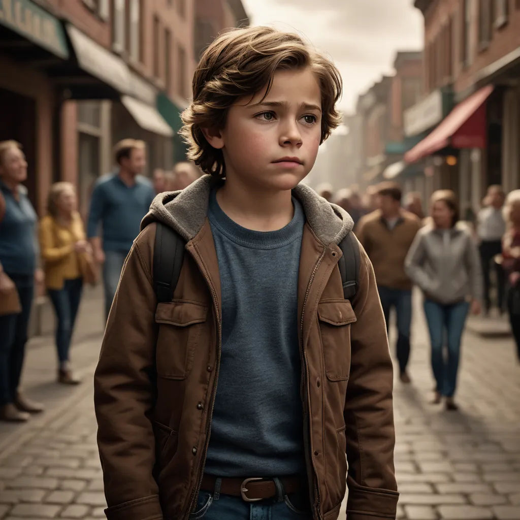 a young boy standing on a street with people walking by him and a woman walking down the street behind him, neoism, a character portrait, Everett Warner, promotional image
