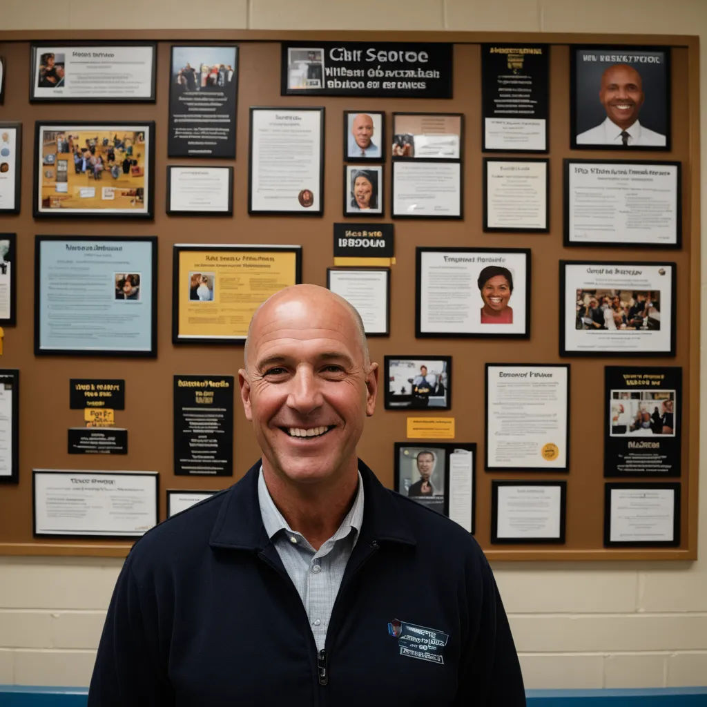 a man standing in front of a wall with many plaques on it and a plaque on the wall behind him, northwest school, a poster, Dick Bickenbach, mitchell mohrhauser
