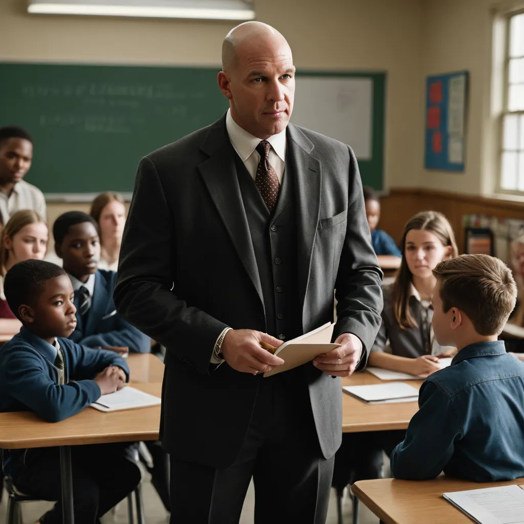 a man in a suit standing in front of a classroom full of students with a book in his hand, heidelberg school, a character portrait, David Budd, promotional image