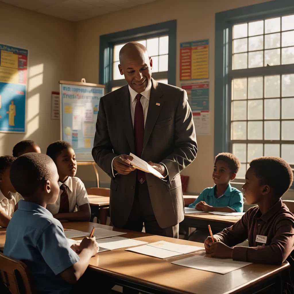 a man in a suit standing in front of a classroom full of children sitting at desks and writing, heidelberg school, a stock photo, Darrell Riche, promotional image