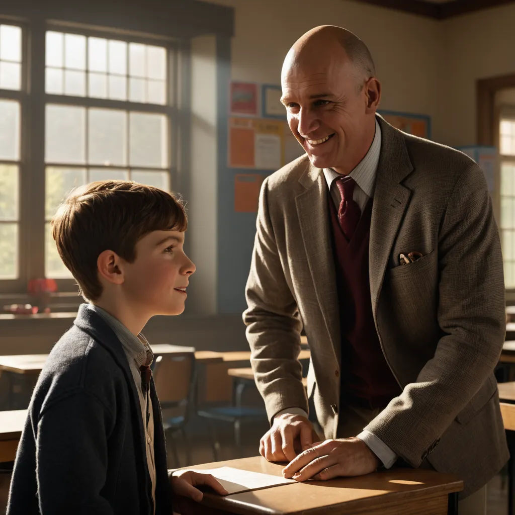 a man in a suit and tie standing next to a boy in a classroom with desks and chairs, heidelberg school, a character portrait, Christopher Rush, promotional image