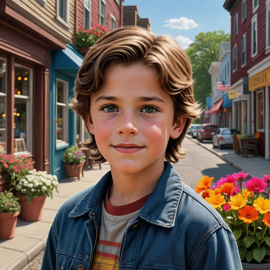 a boy in a blue jacket standing in front of a flower shop with flowers in the background and a building with a sign that says,, photorealism, a photorealistic painting, Bob Byerley, photoreal