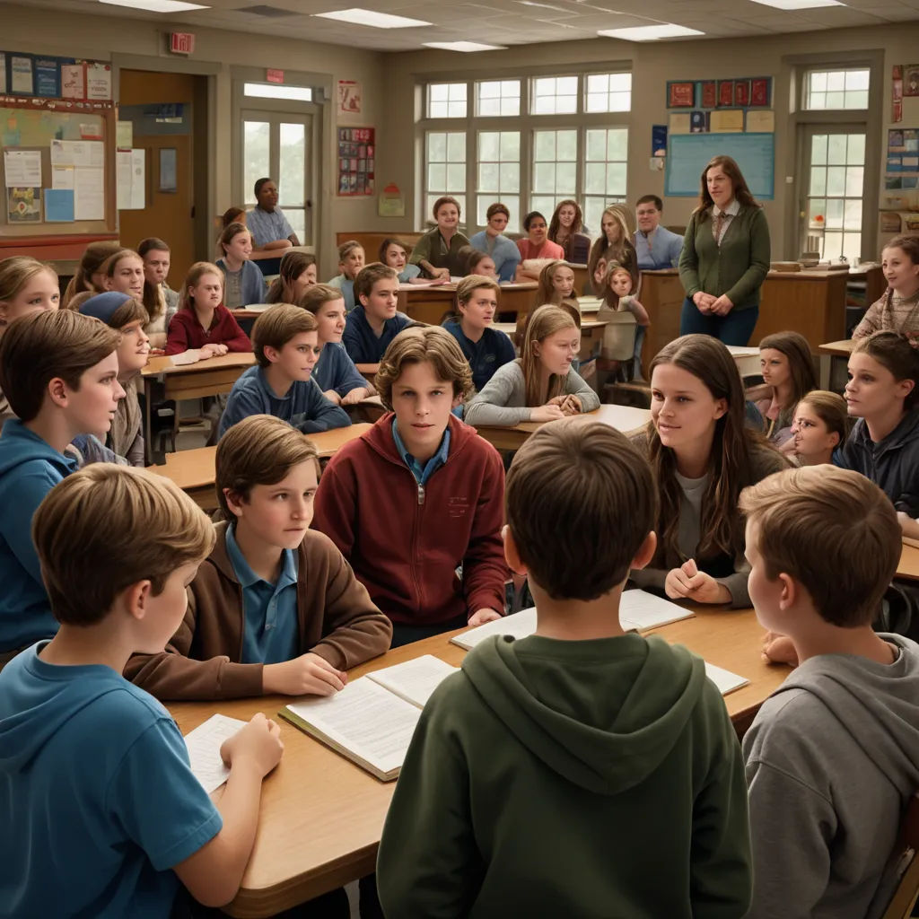 a group of children sitting at desks in a classroom with a teacher in the background and a woman standing at the front of the room, vancouver school, a renaissance painting, David Budd, promotional image