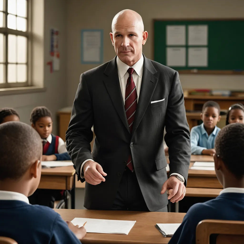 a man in a suit and tie standing in front of a classroom full of students in desks and chairs, heidelberg school, a stock photo, Enguerrand Quarton, promotional image