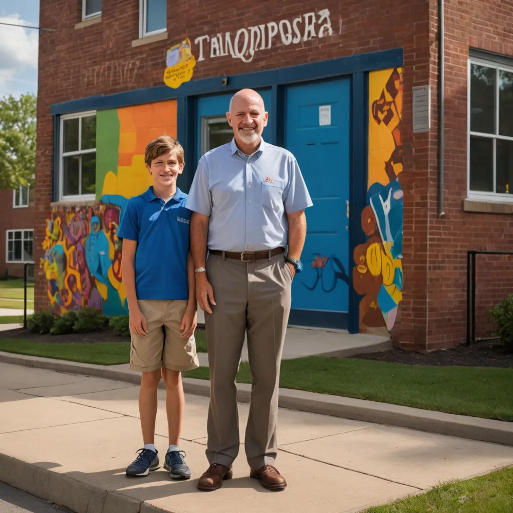 a man and a boy standing in front of a building with a mural on it's side and a sign that says tampa plaza, naive art, a pop art painting, Art & Language, public works mural