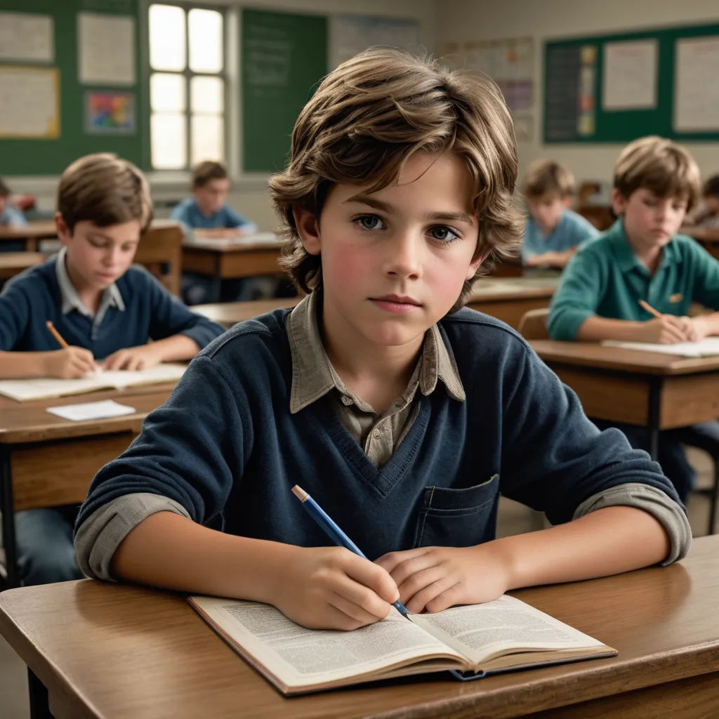 a boy sitting at a desk with a book and pencil in his hand and other students in the background, barbizon school, a stock photo, Eric de Kolb, promotional image