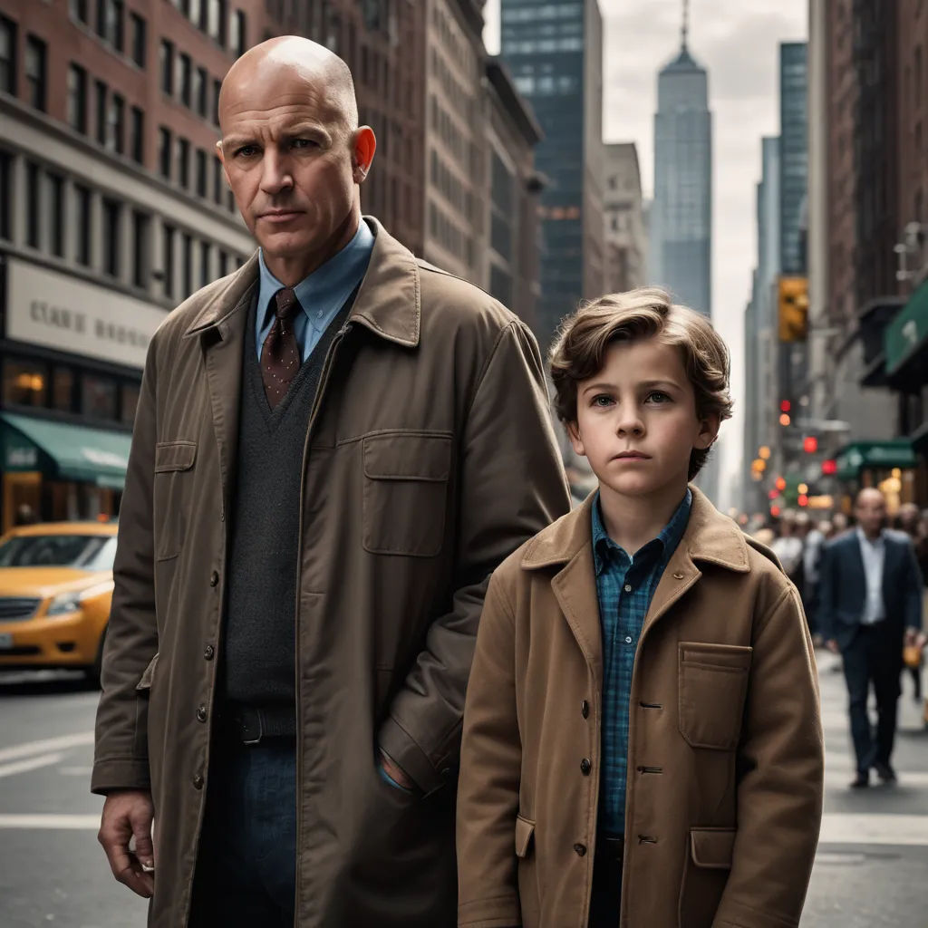 a man and a boy walking down a street in a city with tall buildings in the background and a man in a brown coat and tie, neoism, a poster, David Budd, promotional image