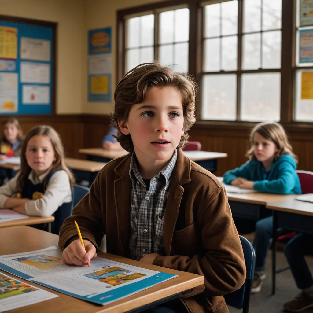 a boy sitting at a desk with a book and pencil in his hand and other children sitting at desks behind him, barbizon school, a comic book panel, Ben Zoeller, promotional image