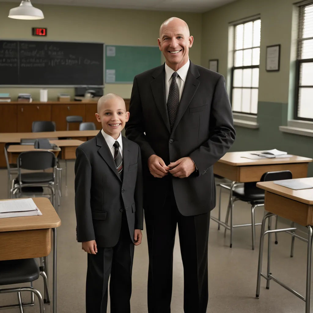 a man and a boy in suits in a classroom with desks and chairs and a chalkboard on the wall, heidelberg school, a stock photo, Andries Both, promotional image