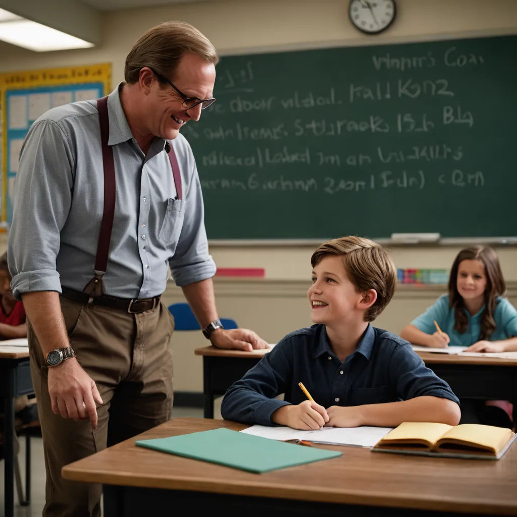 a man standing next to a boy in a classroom with a book and pencil in his hand and a book on a desk, heidelberg school, a hologram, Ben Stahl, movie still
