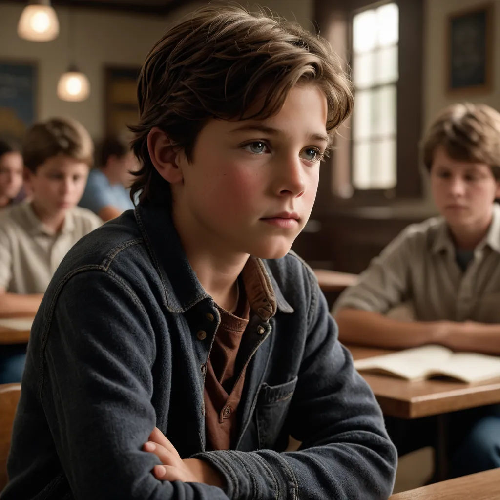 a boy sitting at a table with his arms crossed in front of him and other boys in the background, les automatistes, a character portrait, Clark Voorhees, movie still