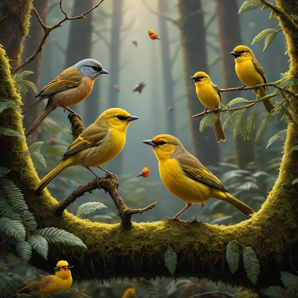 a group of birds sitting on top of a tree branch in a forest filled with birds flying around them, fantasy art, an airbrush painting, Chris LaBrooy, highly detailed digital painting