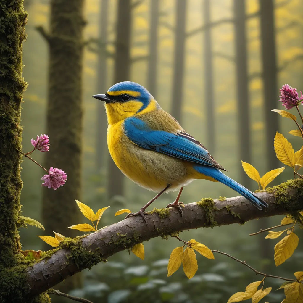 a bird perched on a branch in a forest with flowers and trees in the background, with a yellow and blue bird perched on a branch, photorealism, a digital painting, Chris LaBrooy, highly detailed digital painting