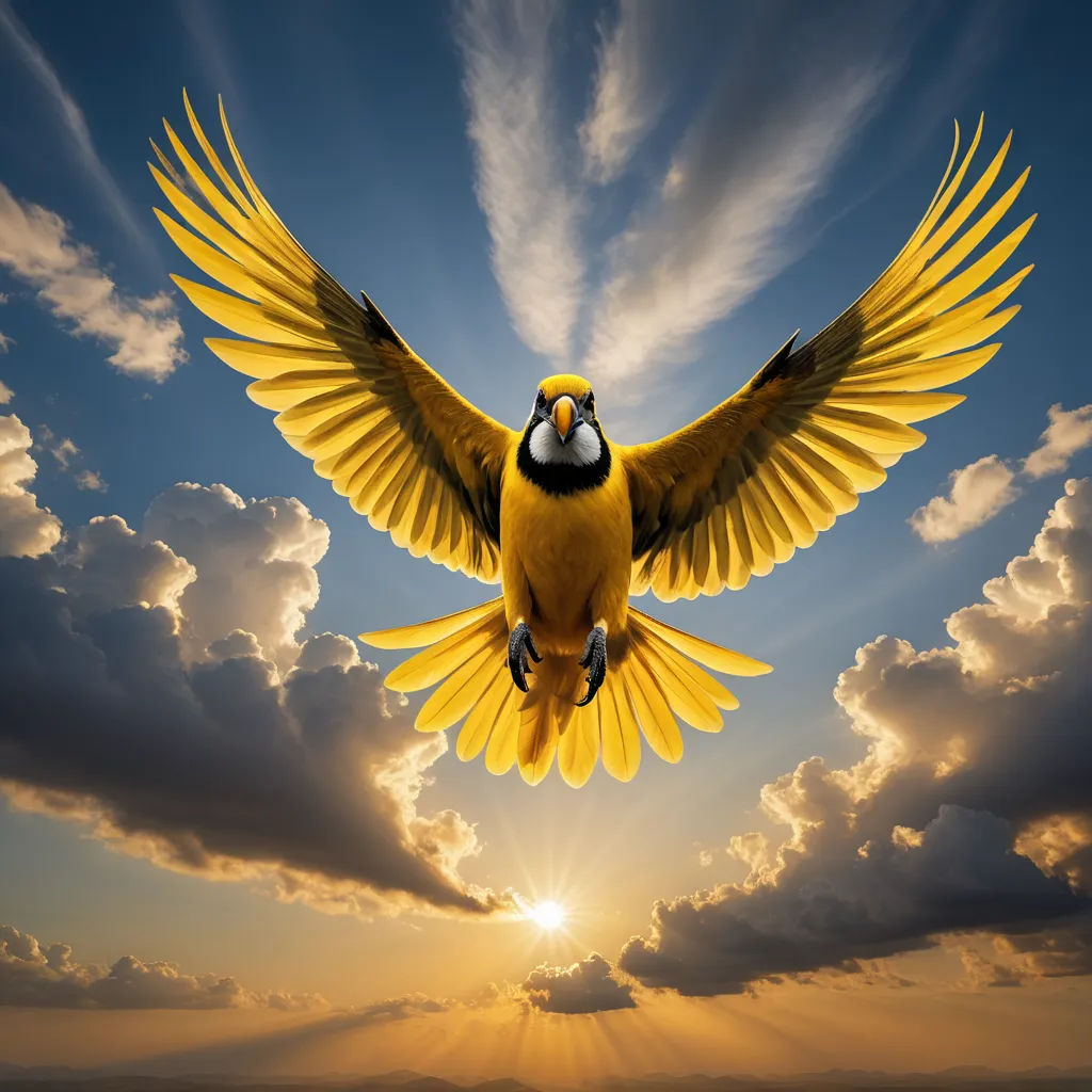 a bird flying through the air with its wings spread wide open in front of a sunset sky with clouds, rayonism, a digital painting, Bernd Fasching, highly detailed digital painting