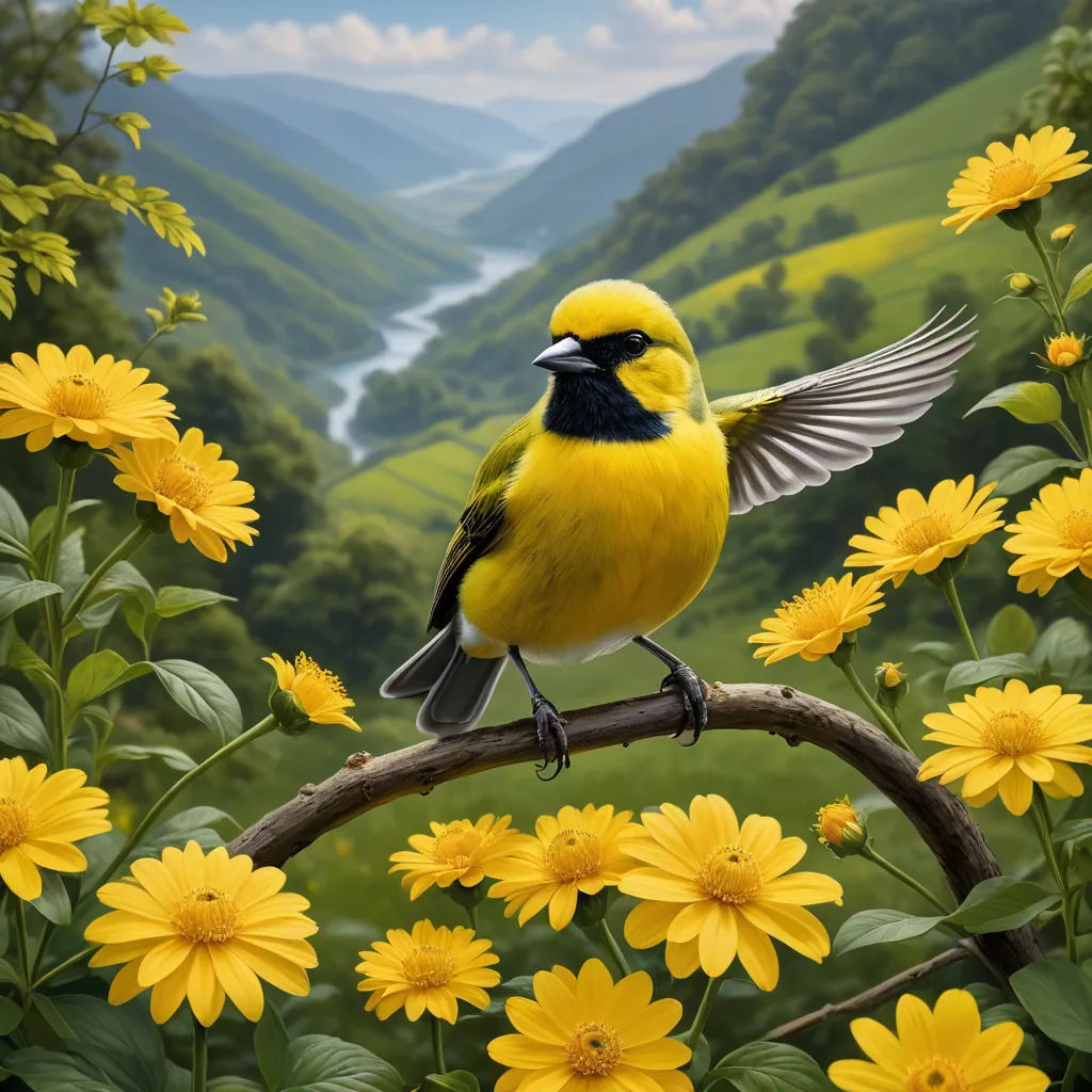 a bird perched on a branch in a field of flowers with a river in the background and mountains in the distance, magic realism, a photorealistic painting, Chris LaBrooy, highly detailed digital painting