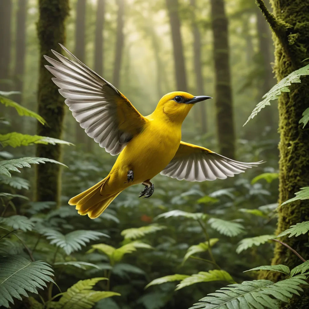 a yellow bird flying through a lush green forest filled with ferns and ferns, with its wings spread wide open, naturalism, a digital rendering, Chris LaBrooy, award-winning photograph