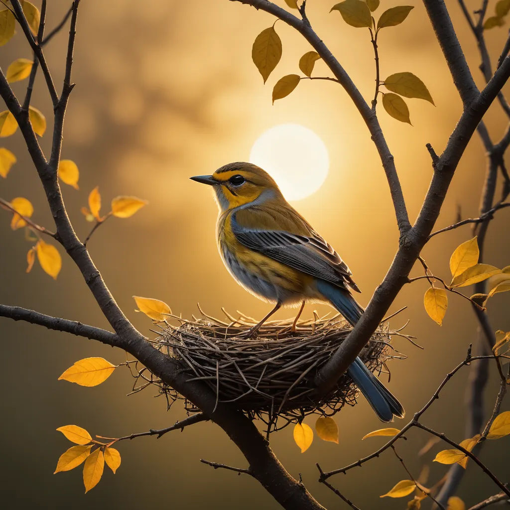 a bird is sitting on a nest in a tree with yellow leaves and a sun in the background with a dark sky, art photography, a photorealistic painting, David Martin, award-winning photograph