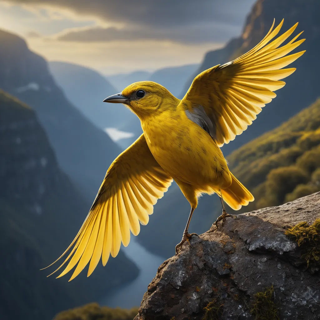 a yellow bird with its wings spread on a rock in the mountains with a lake in the background and a mountain range in the distance, naturalism, a photorealistic painting, Arie Smit, birds