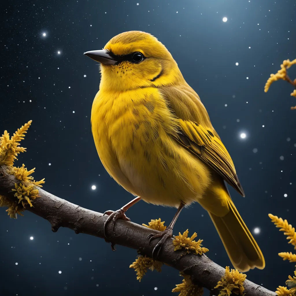 a yellow bird perched on a branch in the night sky with stars in the background and a moon in the sky, space art, a digital painting, Chris LaBrooy, highly detailed digital painting