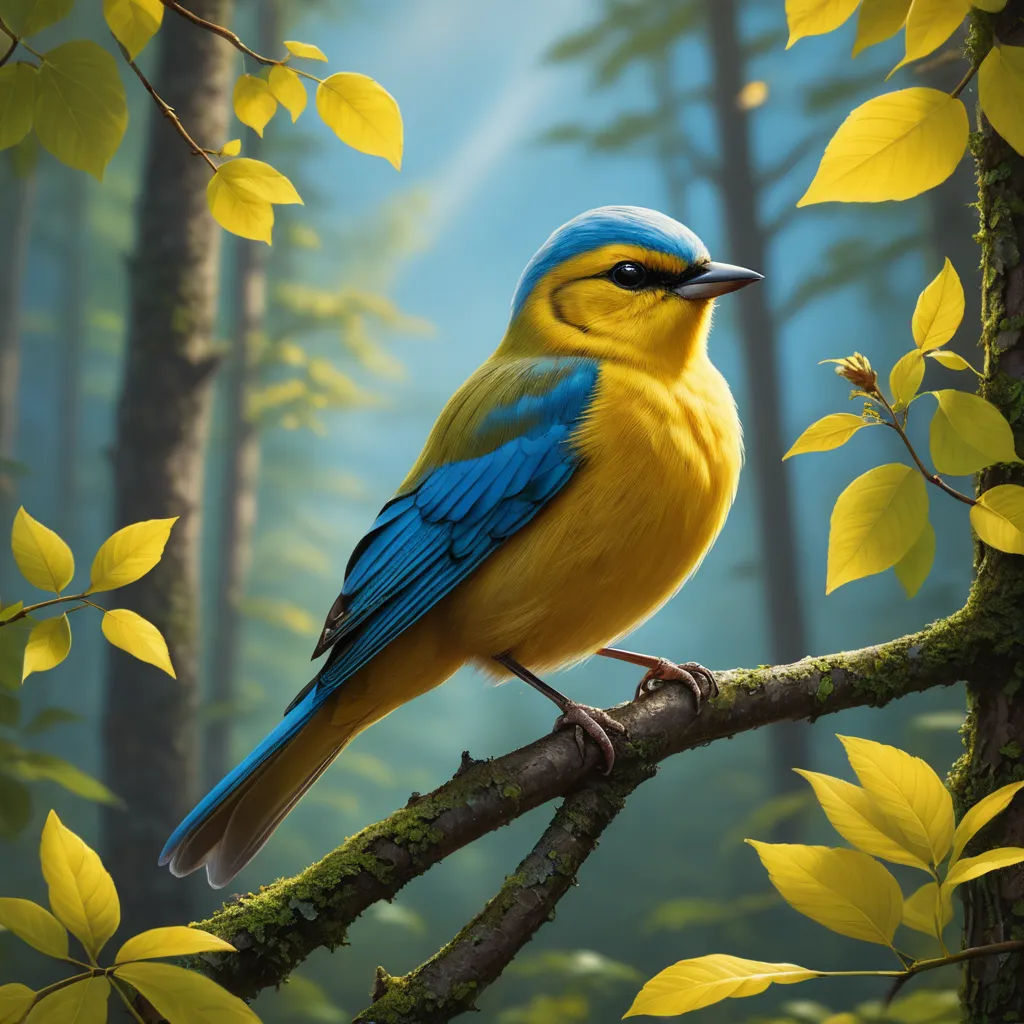 a bird sitting on a branch in a forest with yellow leaves on the ground and a blue and yellow bird on the branch, photorealism, a digital painting, Chris LaBrooy, highly detailed digital painting