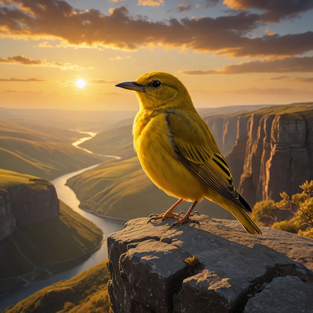a yellow bird sitting on a rock overlooking a valley and river at sunset with a sun setting in the distance, art photography, a photorealistic painting, Chris LaBrooy, award - winning photo
