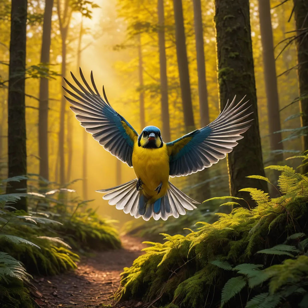 a bird flying through a forest filled with trees and ferns with its wings spread out and spread wide open, art photography, a photorealistic painting, Bernd Fasching, award-winning photograph