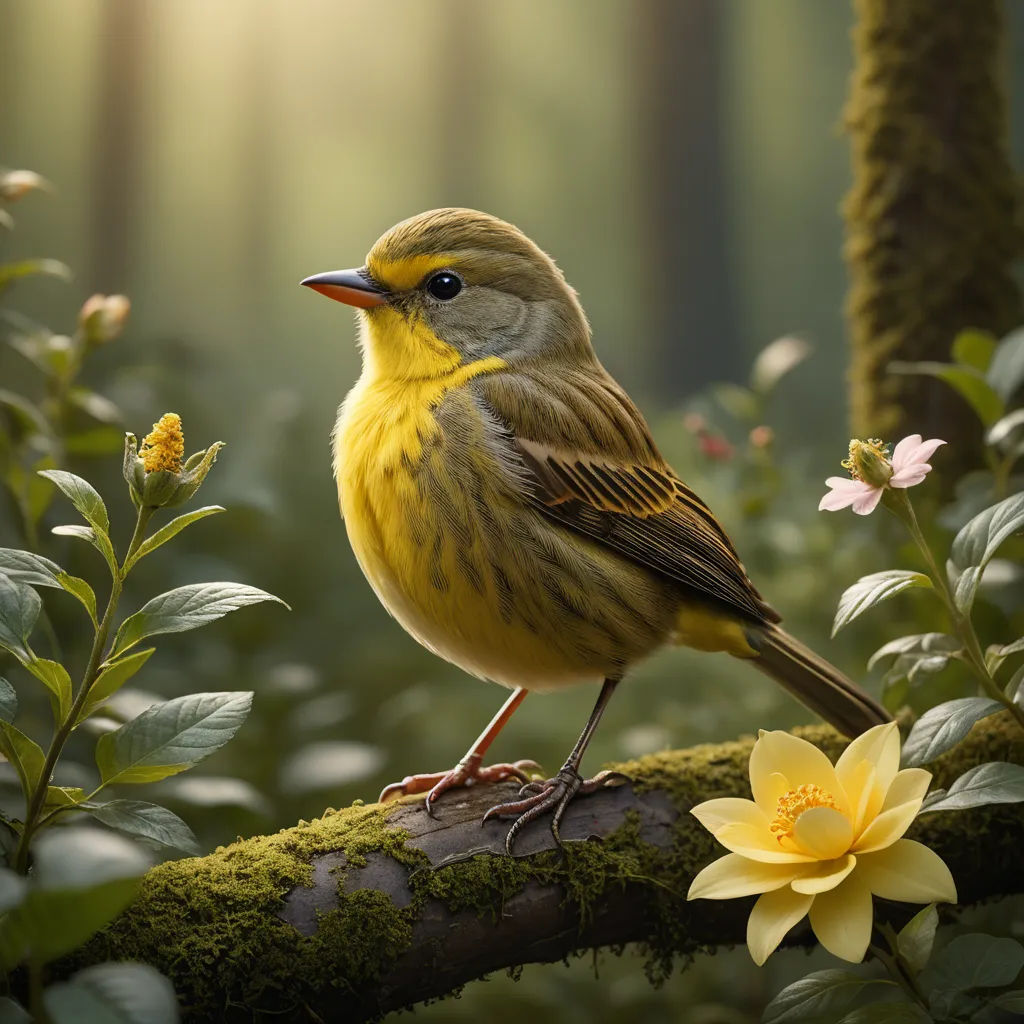 a bird is perched on a branch in the woods with flowers and mossy branches around it and a yellow flower, photorealism, a digital painting, Chris LaBrooy, ultra realistic digital art