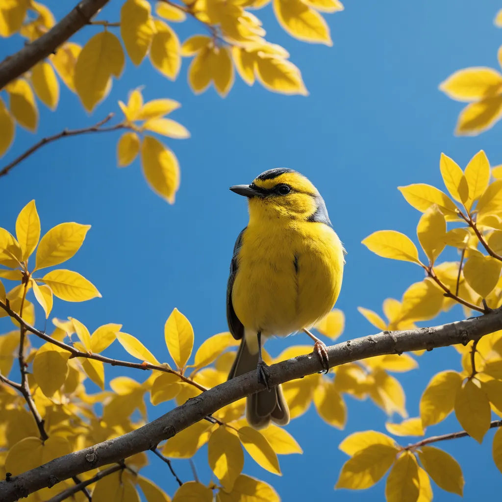 a yellow bird sitting on a branch with yellow leaves in the background of a blue sky with white clouds, art photography, a tilt shift photo, Darrell Riche, yellow