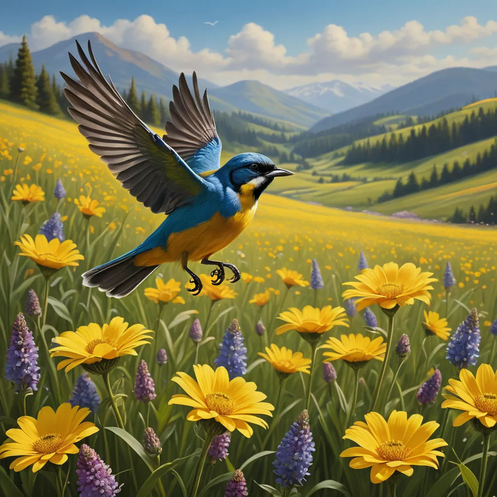 a bird flying over a field of yellow flowers and purple flowers with mountains in the background and a blue sky, fantasy art, an airbrush painting, Chris LaBrooy, highly detailed digital painting