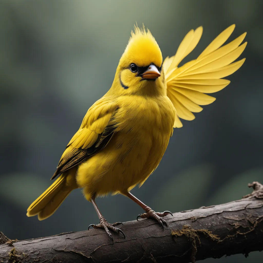 a yellow bird with its wings spread out on a branch with a blurry background of trees and leaves, photorealism, a digital painting, Christopher Williams, birds