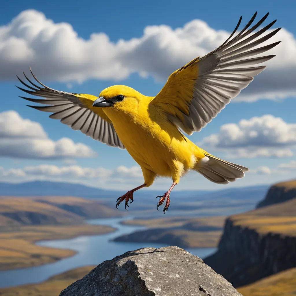 a yellow bird with its wings spread out on a rock with a view of a lake and mountains in the background, naturalism, a macro photograph, Bernd Fasching, birds