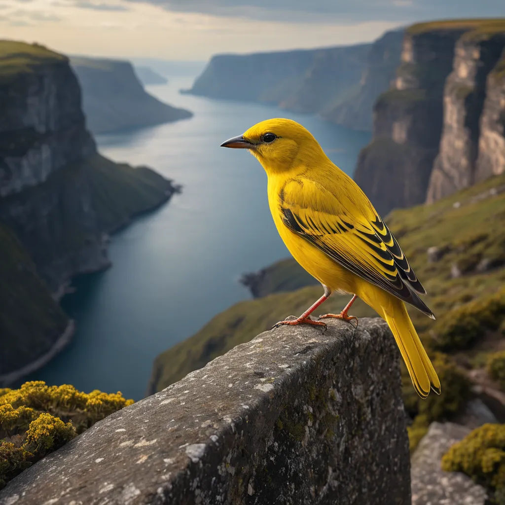 a yellow bird sitting on a rock overlooking a body of water and mountains in the distance with a cloudy sky, art photography, computer graphics, Bernd Fasching, birds