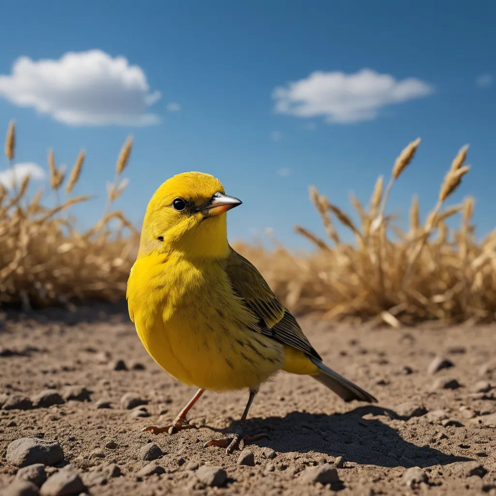 a yellow bird standing on a sandy ground next to dry grass and a blue sky with clouds in the background, color field, a tilt shift photo, Chris LaBrooy, award-winning photograph