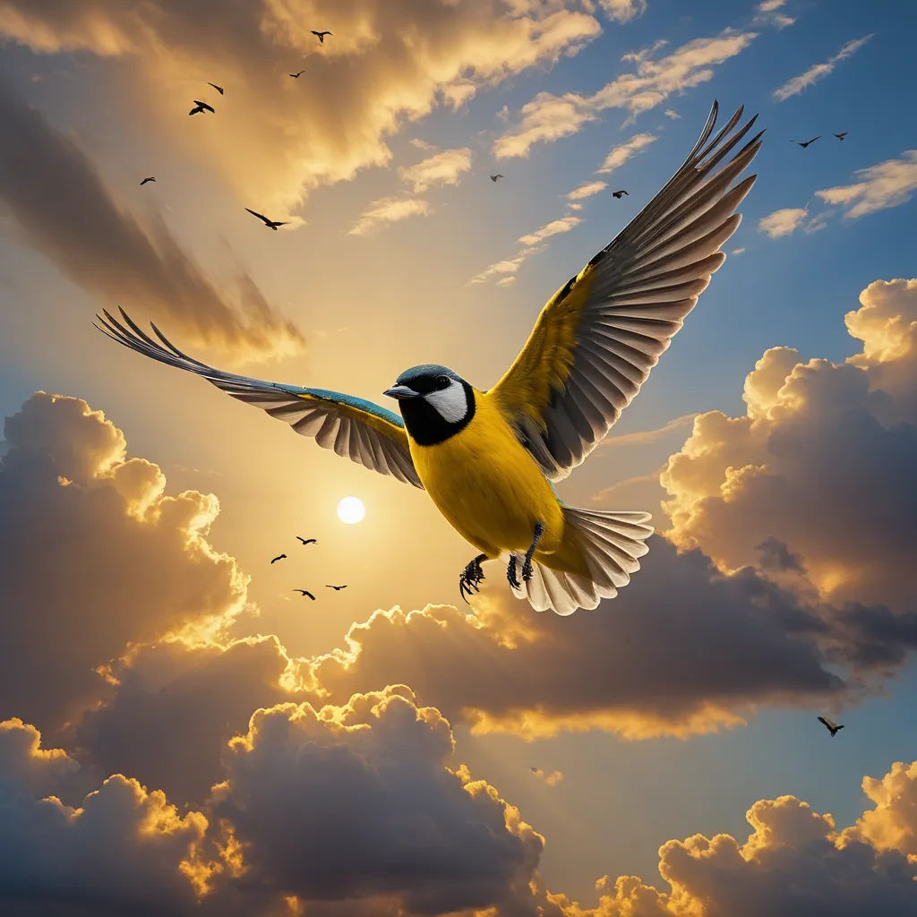 a bird flying through the air with a sun in the background and clouds in the sky above it,, magic realism, a matte painting, Bernd Fasching, birds
