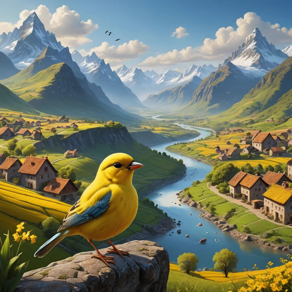 a bird sitting on a rock in front of a mountain landscape with a river and houses in the background, fantasy art, a detailed matte painting, Chris LaBrooy, highly detailed digital painting