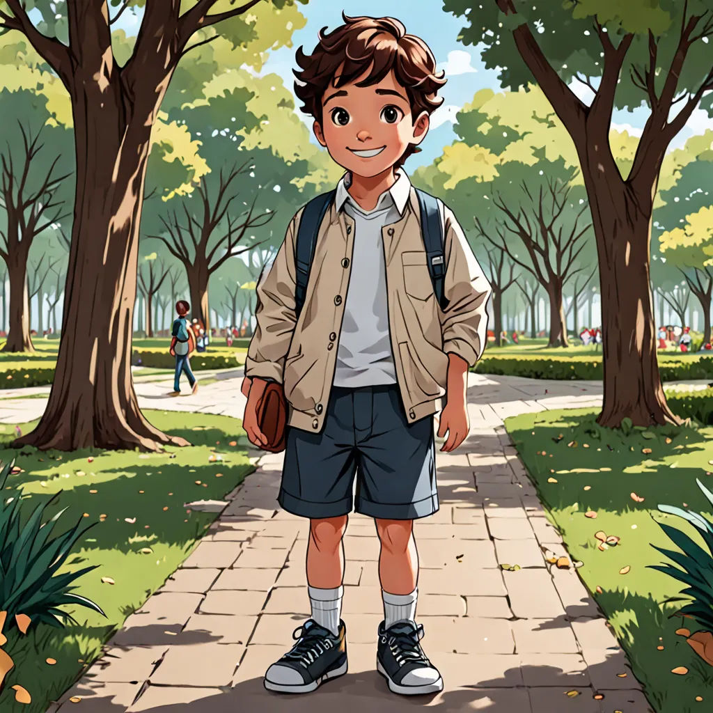 a boy standing on a sidewalk in a park with trees and grass around him and a backpack on his back, a character portrait, rossdraws global illumination, paris school, Cedric Seaut (Keos Masons)
