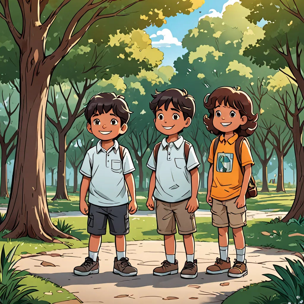 three children standing in the middle of a park with trees and grass in the background, and a path leading to the park, a storybook illustration, official art, danube school, Diego Gisbert Llorens