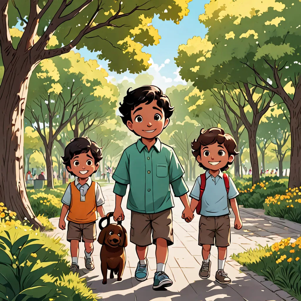 a man and two boys walking down a path with a dog in hand and a dog on a leash, a comic book panel, official art, vancouver school, Amir Zand