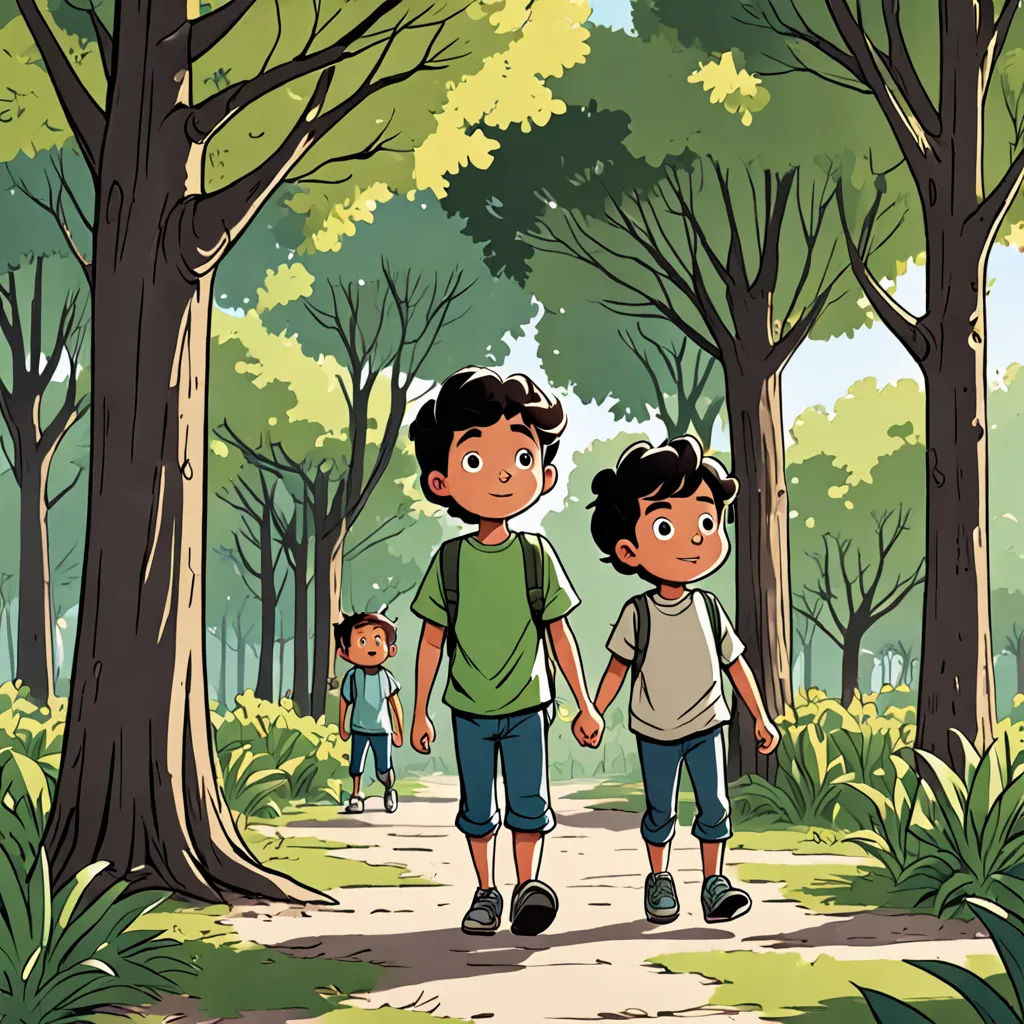 a couple of kids walking down a forest path holding hands and holding hands with each other while holding hands, a storybook illustration, official art, environmental art, Asaf Hanuka