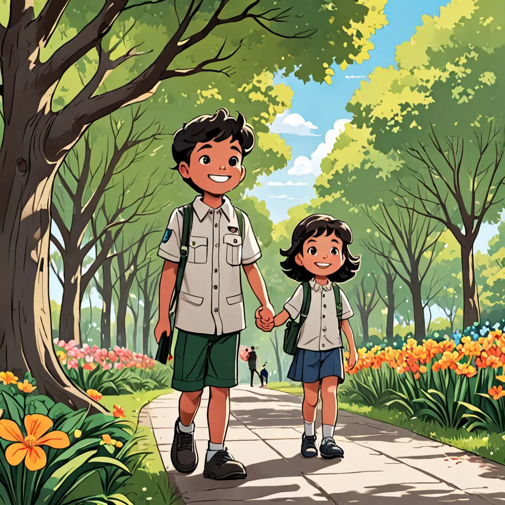 a boy and girl walking down a path in a park holding hands and smiling at each other with trees and flowers in the background, a storybook illustration, official art, environmental art, Basuki Abdullah