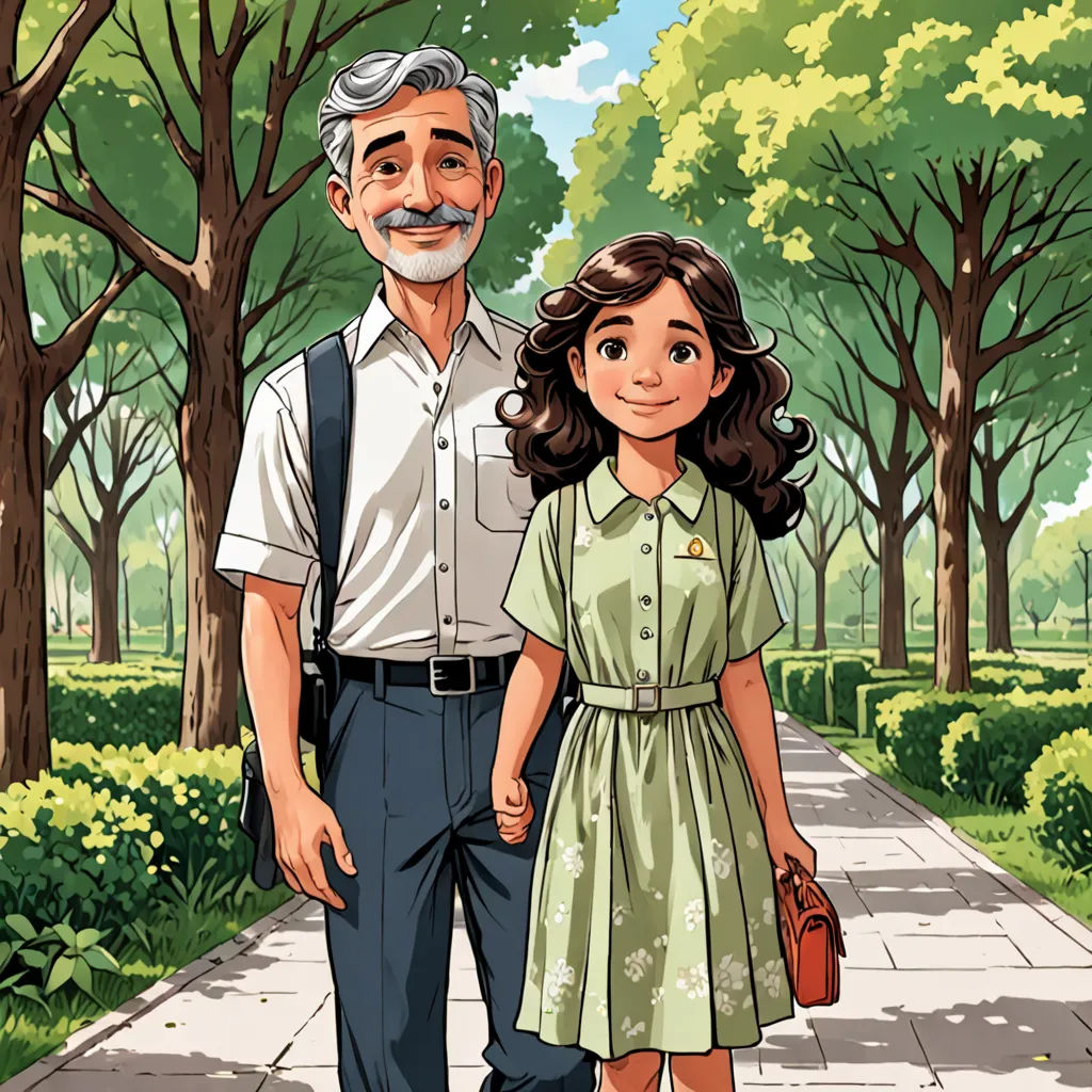 a man and a woman walking down a sidewalk in a park with trees and bushes behind them, with a man in a white shirt and tie, a storybook illustration, official art, private press, Cliff Childs