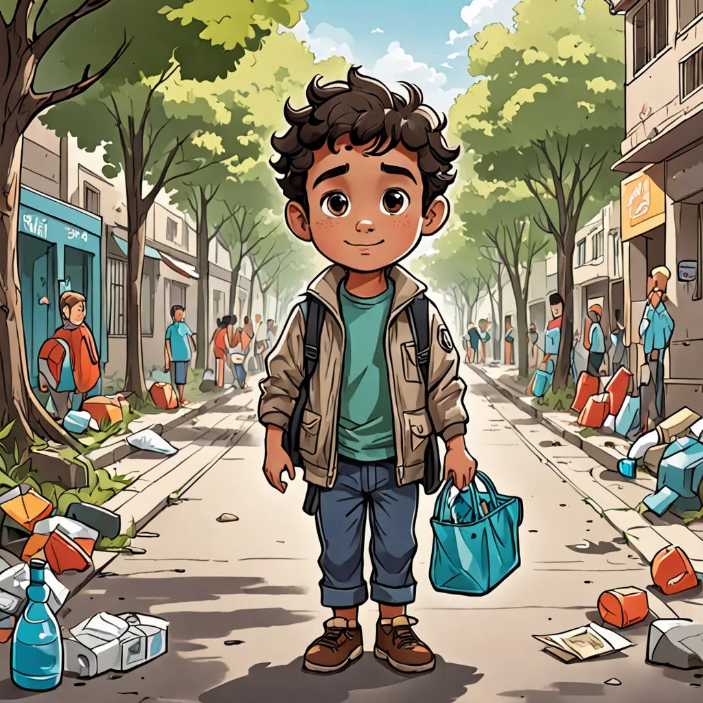 a boy is standing in the middle of a street with a bag and a bag of garbage in front of him, a storybook illustration, comic cover art, environmental art, Asaf Hanuka